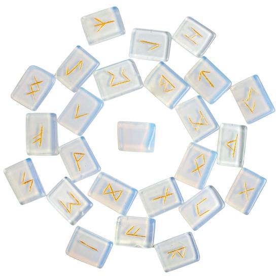 Crocon Opalite Rectangle Rune Set | 25pcs | Elder Futhark Alphabet Engraved | With Pouch | 20-25mm