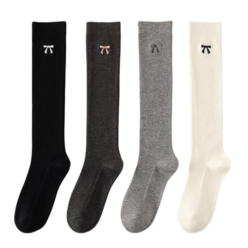 Calf Socks, Women's Embroidered Bow Socks, Spring and Autumn Ballet Style Long Stockings, Double-needle Cotton
