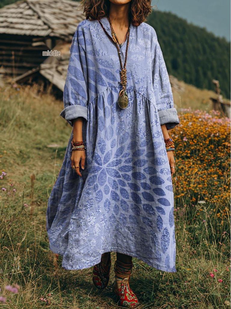 Retro Böhmisches V-Ausschnitt Ethnisches Stil Kleid - Europäischer & Amerikanischer Lässiger Lockerer Schnitt