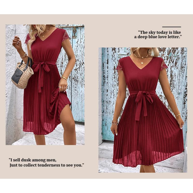 Elegantes Temperament Design Spitze Einfarbig Plissee Kleid