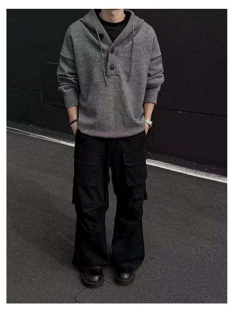 Men's American Retro Hooded Thick Knit Sweater Winter Sweatshirt Coat