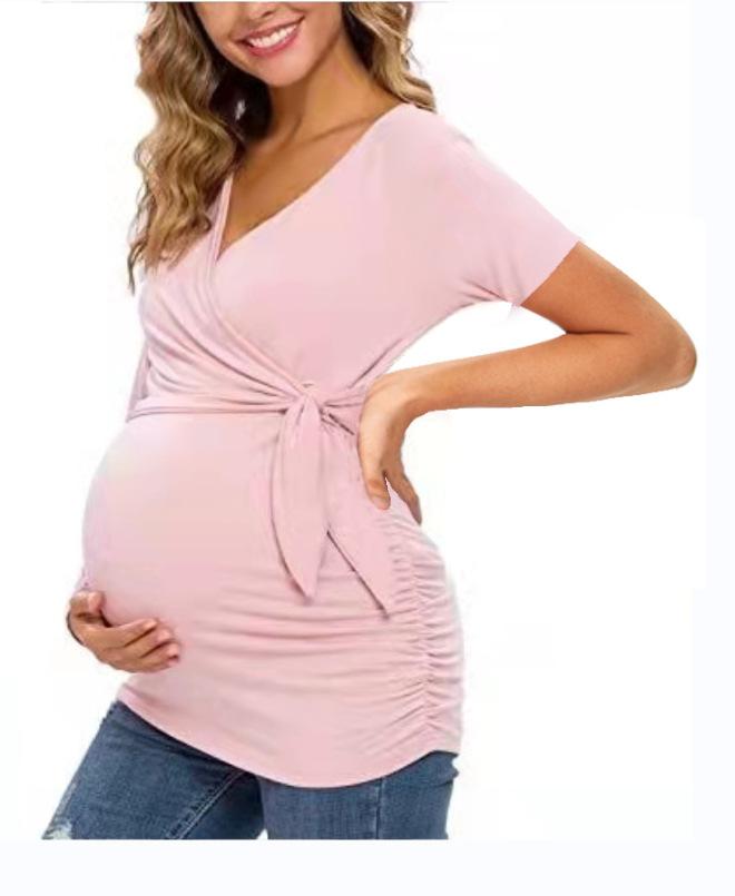European and American trends Bao Ma cross V-neck breastfeeding T-shirt maternity top spot loose type