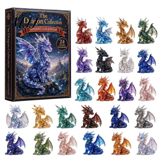Drachen-Adventskalender Weihnachts-Countdown-Kalender, mit 24 Acryl-Dekorationen, Tage Festliche Dekorationen Geschenkbox, Feiertag für Liebhaber gray
