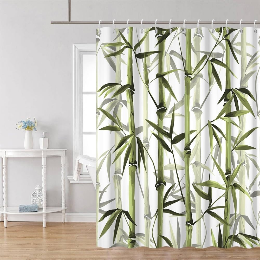 Green Bamboo Shower Curtain Bamboo 3D Printed Outdoor Bathroom Curtain Japanese Asian Zen Spa Spring Botanical Waterproof Fabric
