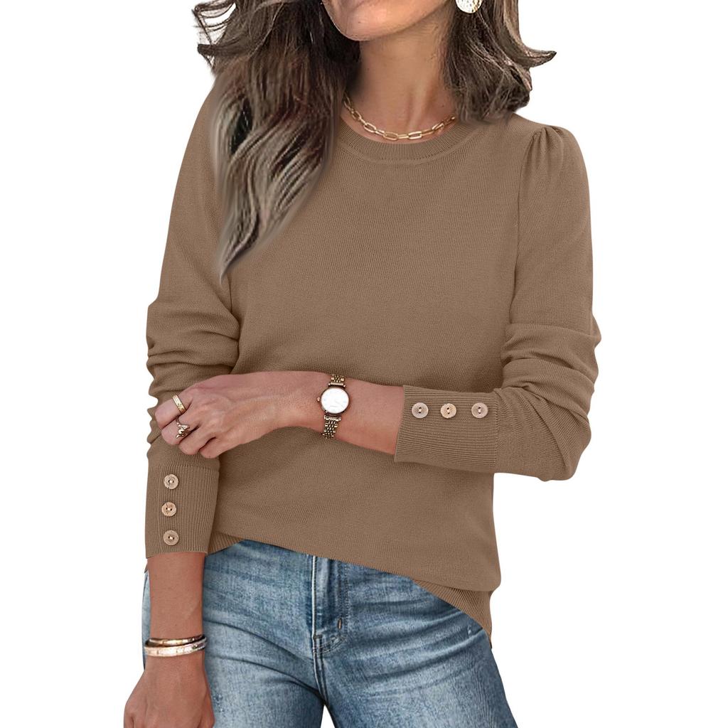 Kadın Modası Uzun Kollu Düğmeli Manşetli Yumuşak Örgü Kazak Trend Üstler Düz Renk