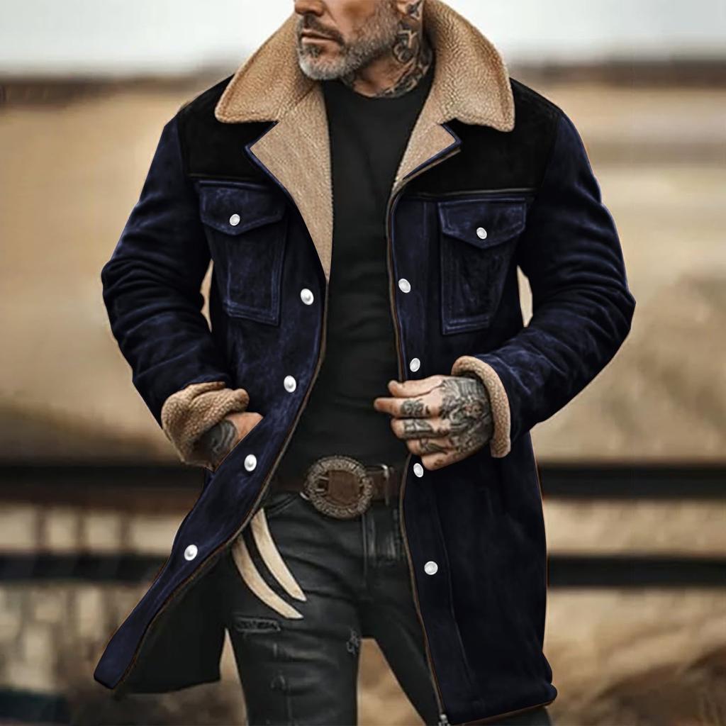 Men's Suede Color-matching Winter Jacket Multi-pocket Zipper Coat