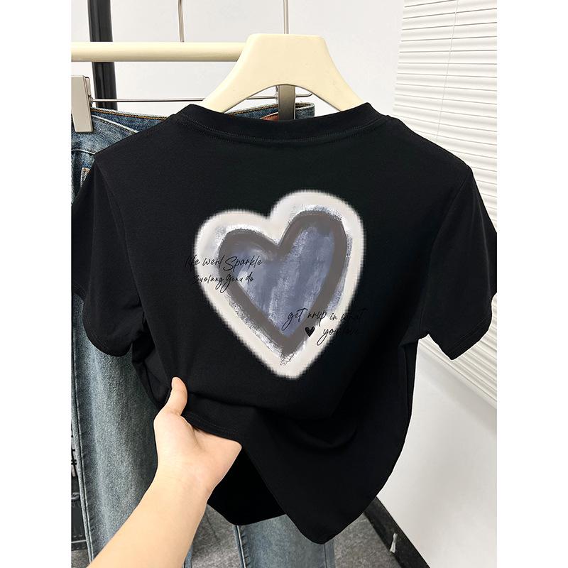 

Women s Heart Print Crew Neck T-Shirt - 2024 Korean Fashion, Black Slimming Short Sleeve Top M