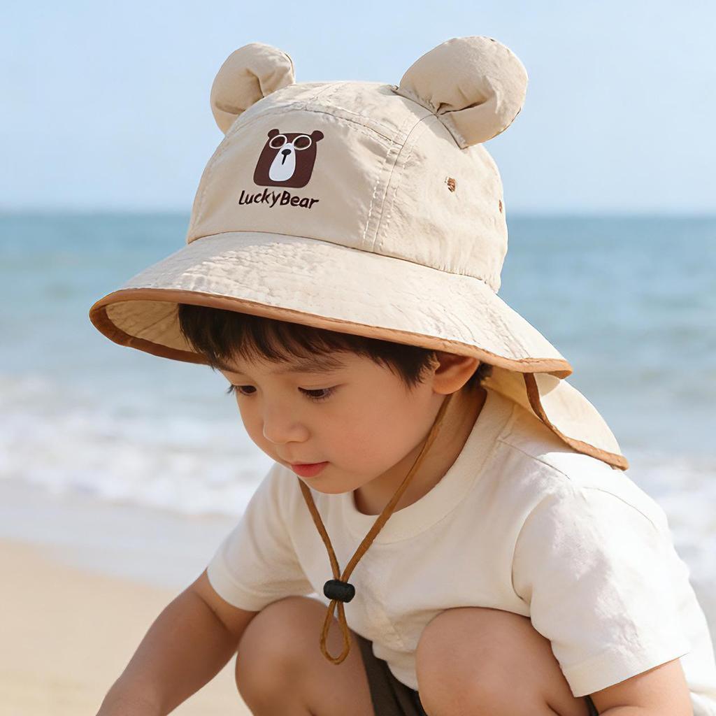 Kids' Summer Wide Brim Bucket Hat - Little Bear Design, Breathable, Quick-Dry Sun Protection for Boys & Girls