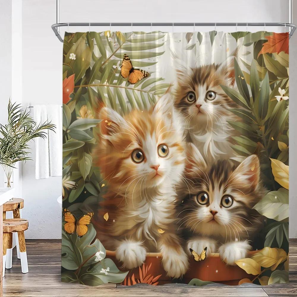 Cute Cat Shower Curtain Flower Cartoon Animal Sunflower Plant Floral Bathroom Home Decor Modern Polyester Bath Curtain with Hook