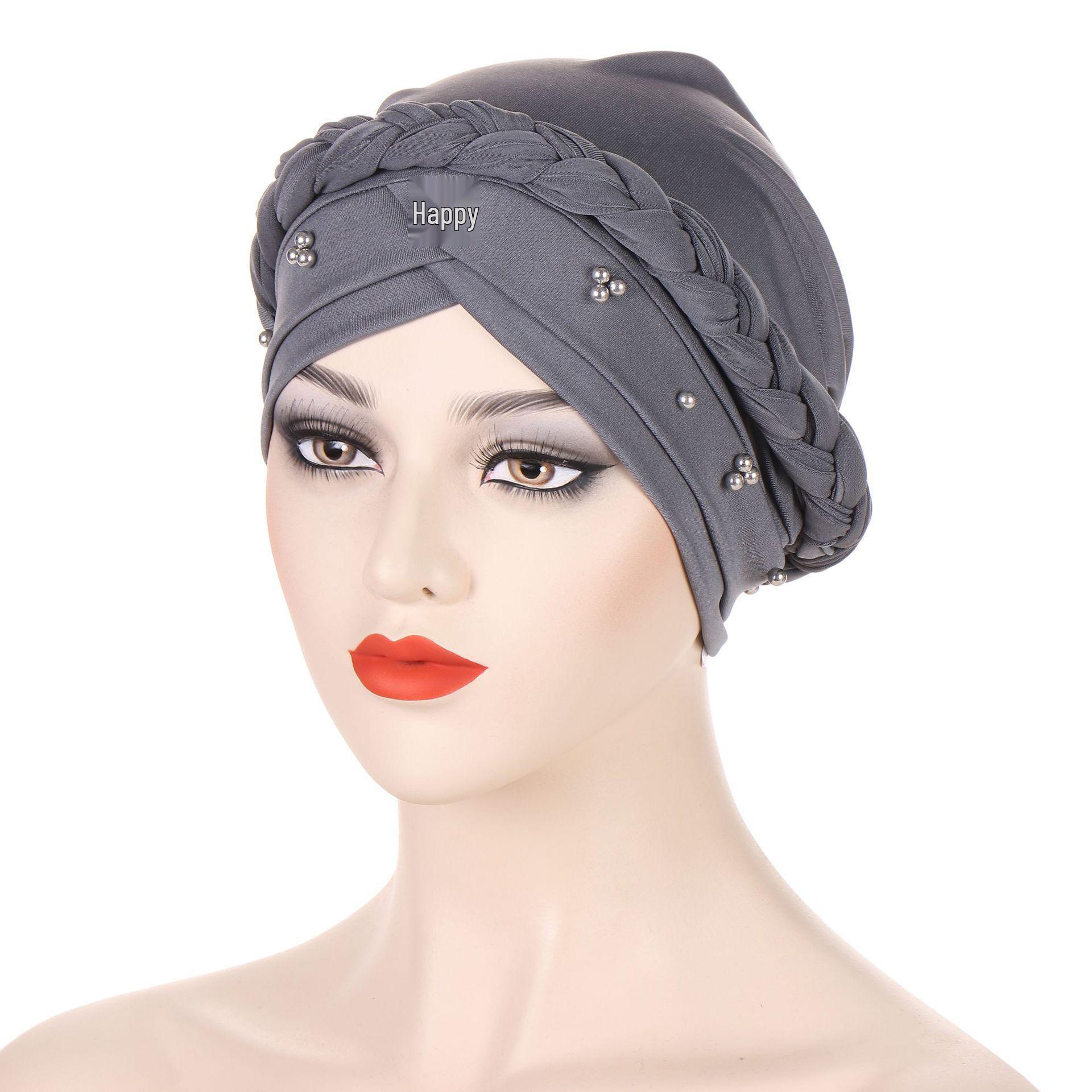 

European & American Spring/Autumn Beanie Hat - Milk Silk, Solid Color, Beaded Braid Headscarf