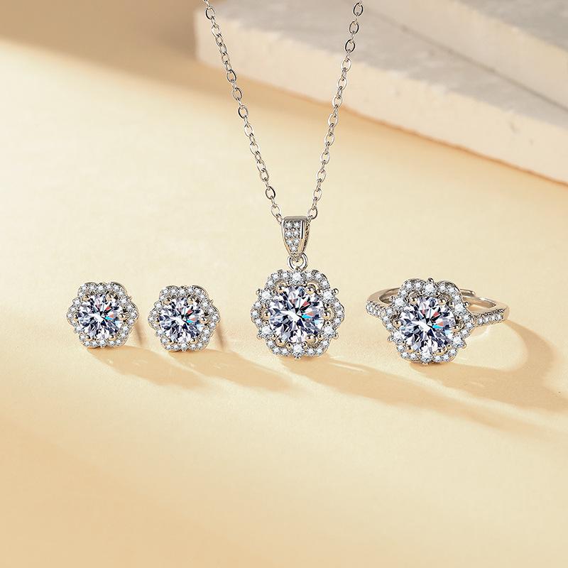 2025 Zircon Inlaid Plum Blossom Shaped Ring, Women s Zircon Three Piece Set, Earrings, Necklace Pendant Set 45CM