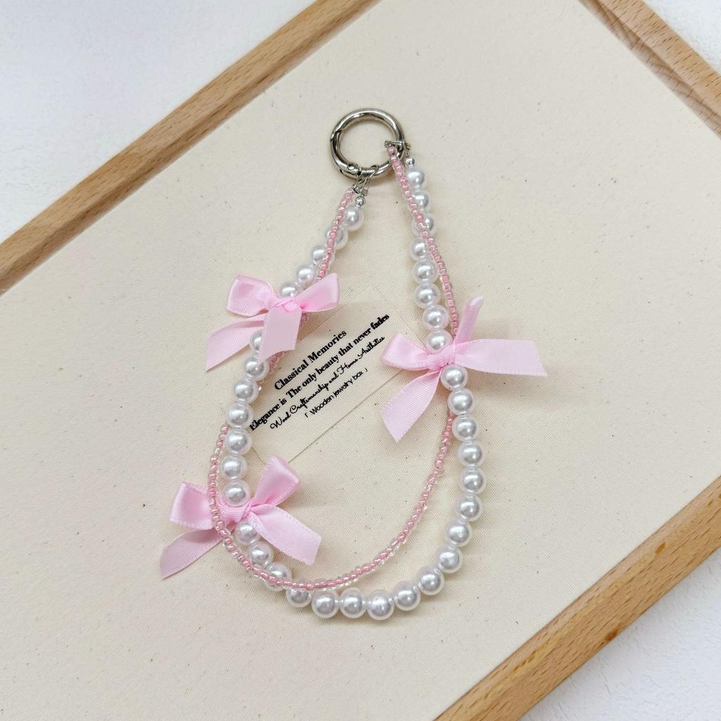 Sweet Pearl Mobile Phone Chain Ballet Style Bow Chain Mobile Phone Universal Pendant Pink Beaded Pendant Keychain