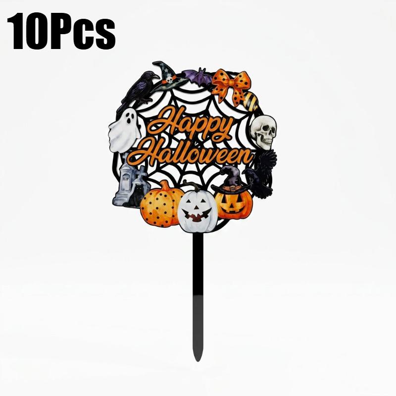 10Pcs Acrylic Halloween Cake Toppers Reusable Ghost Pumpkin Skull Cupcake Picks Spooky Dessert Decorations for Halloween Party