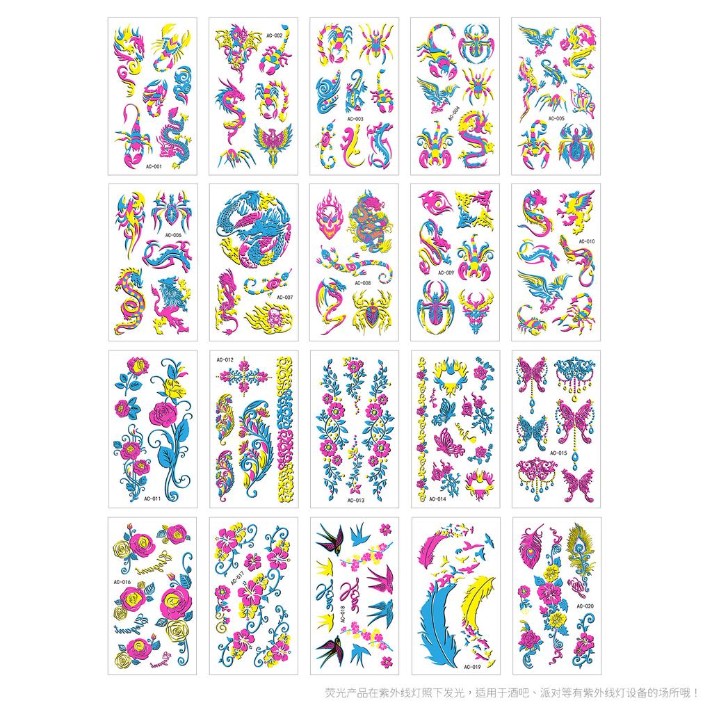 New Nightclub Fluorescent Tattoo Sticker Face Sticker, Waterproof Dragon And Tiger Flower Feather Neon Luminous Tattoo Sticker