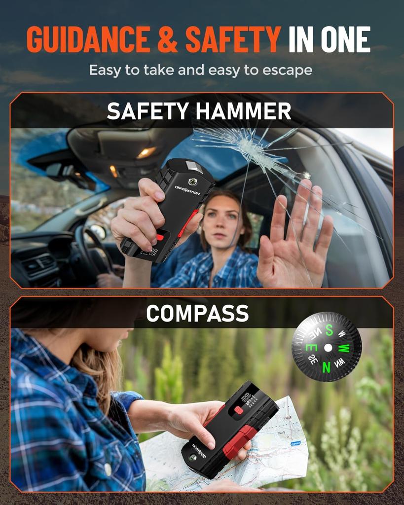 Car Battery Jump Starter 6000A, Portable Power Pack for 8.5L Gas/8L Diesel, 4-Mode LED Light, USB Ports, Compass, Red