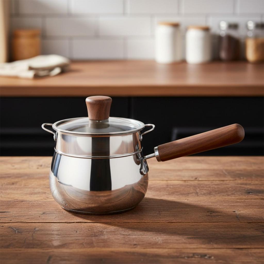 Stainless Steel Milk Saucepan Even Heating Pan with Wooden Handle Uncoated