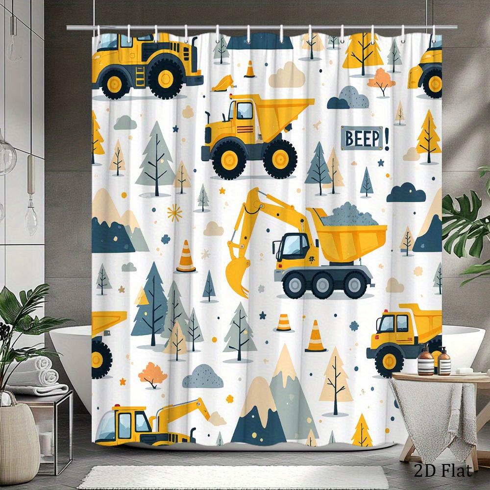 Construction Truck Shower Curtain Yellow Excavator, Dump Truck & Bulldozer On White, Kids' Bathroom Decor For Boys And Toddlers