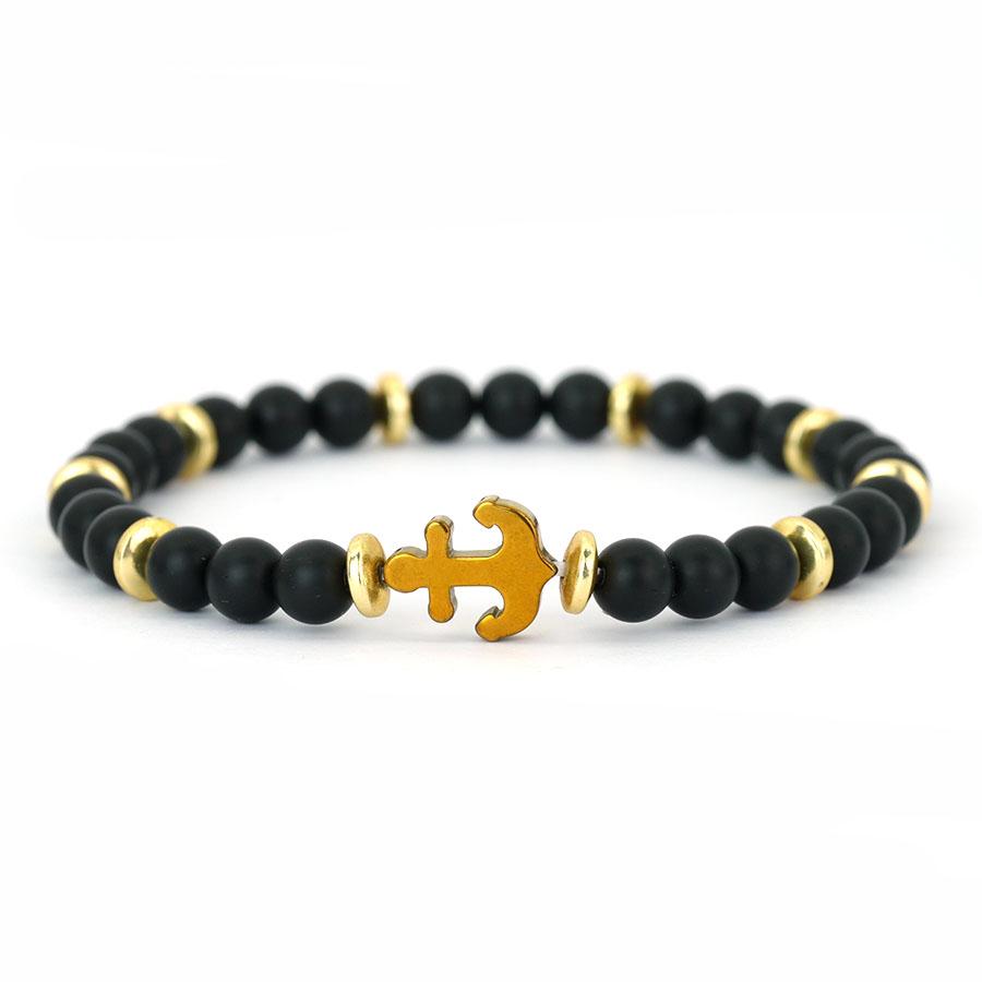 Classic Men Anchor Bracelet Vintage Nautical Wrist Adornment 6mm Black Onyx Stone Strand Braslet Versatile Accessories Jewelry 19-20cm(7.5-7.9inch)