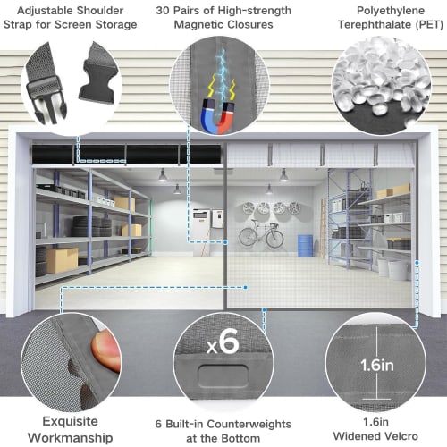Magnetic Garage Door Screen, Car Mesh, 214cm x 244cm x 275cm x 305cm Tall, Double Door Mesh with Hook and Loop Tape, Heavy-Duty Retractable Fiberglass