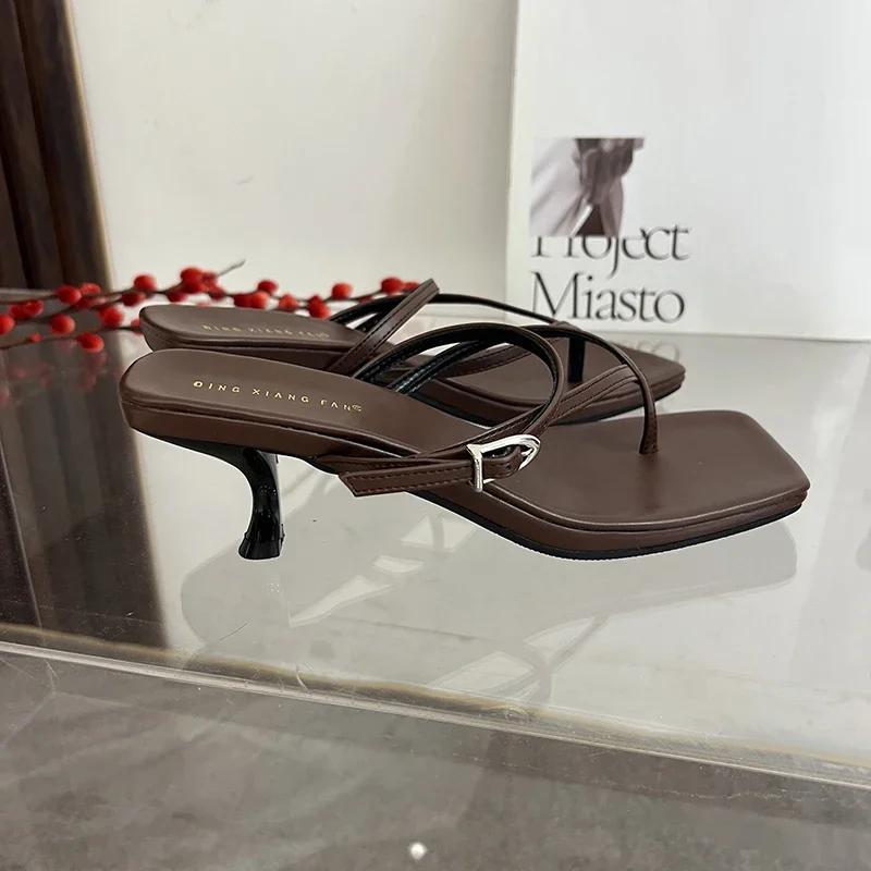 Summer Narrow Band Heel Sandals Women Low Heels Ankle Strap Fashion Square Toe Ladies Dress Sandalias Women's Flip