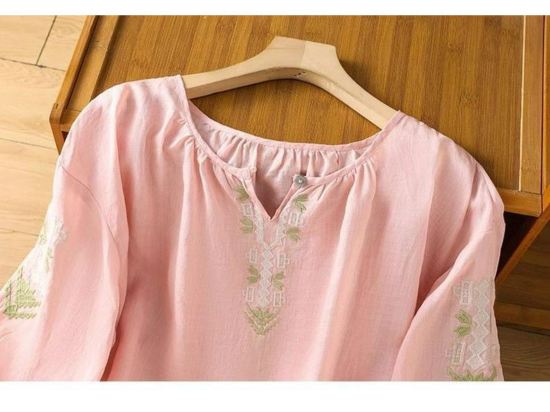 Women's Ethnic Cotton Linen Embroidered Lantern Sleeve Top