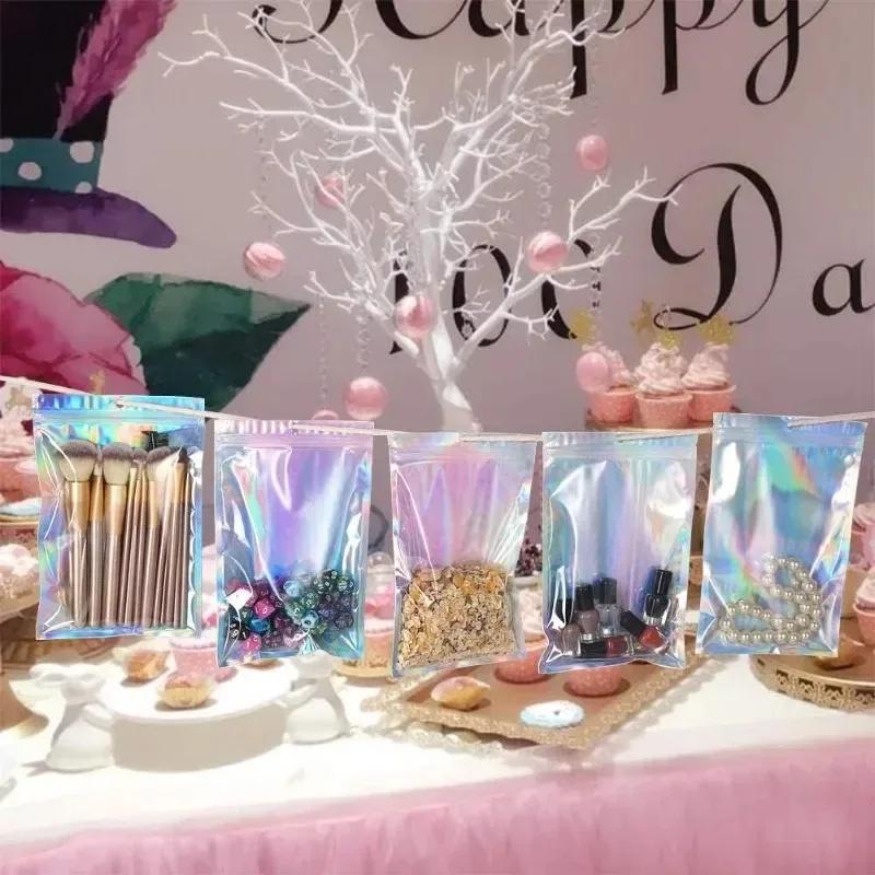 50/10pcs Iridescent Self-Sealing Bags Plastic Laser Clear Storage Bag Makeup Jewelry Gift Zipper Bags Candy Packaging Pouches
