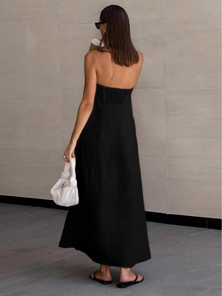 Summer French Resort Style Strapless High-Waisted Cotton Linen Open-Back Long Dress