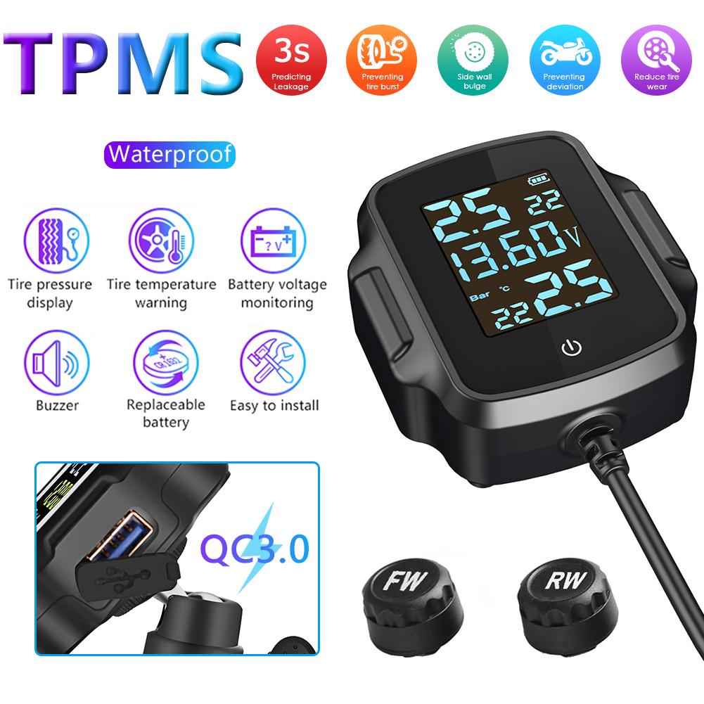 Motorcycle TPMS with QC 3.0 USB Output Motorbike Tire Pressure Monitoring System LCD Display Temperature Monitoring Alarm System