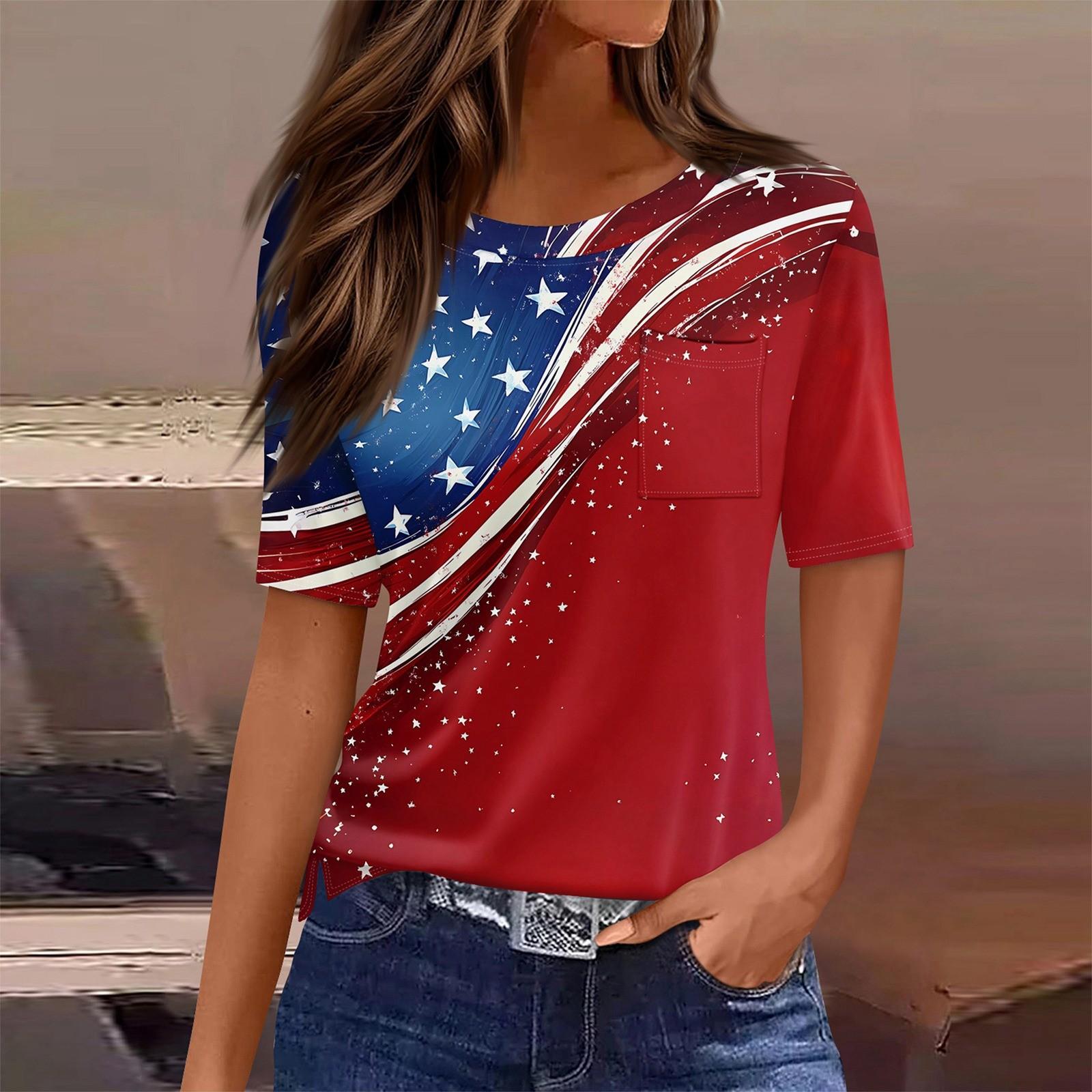 

T Shirts For Women Round Neck Dressy Casual Blouses Printing Short Sleeve Summer Tops Loose Fit M червоний