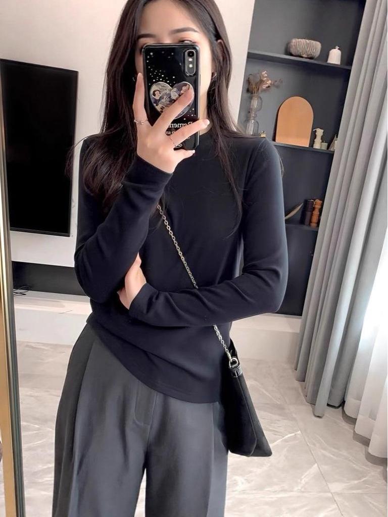 Trendy American Crew Neck Long Sleeve Slim Fit Top for Women - Autumn/Winter