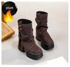 Fashion 11cm Suede Cow Genuine Leather Spring Platform Wedge Flats Women Autumn British Motorcycle Fashion ZIP Ankle Boots Shoes