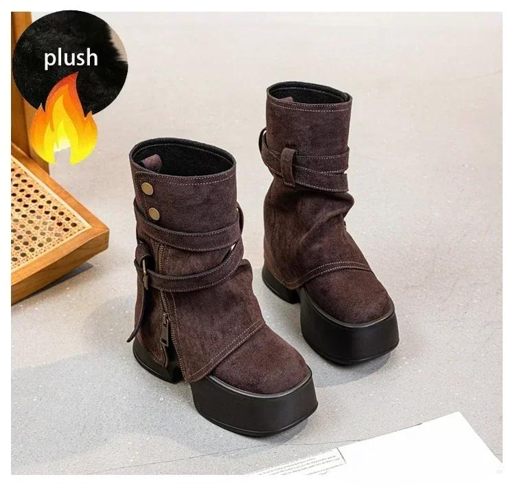 Fashion 11cm Suede Cow Genuine Leather Spring Platform Wedge Flats Women Autumn British Motorcycle Fashion ZIP Ankle Boots Shoes
