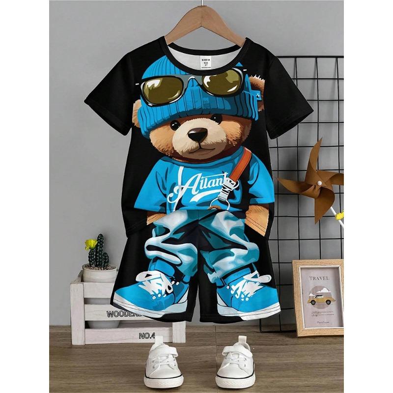 Anime Trend Bear Print Short Sleeve T-shirt Shorts 2 Summer Men's Fashion Street Short Sleeve Suit Heat Insulation Anti-wrinkle