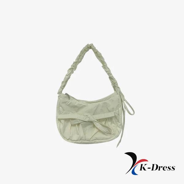Shirring String Scrunch Shoulder Bag Nylon Ribbon Mini Gathered Casual Daily Look Date Look Travel Bag 4 Colors