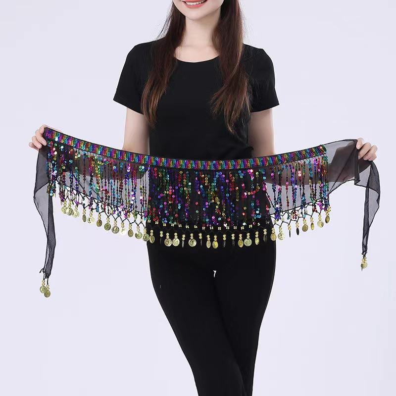 Shiny Sequins Tassel Belly Dance Hip Scarf Waist Belt Wrap Skirt For Halloween Cosplay Party Dance Costume