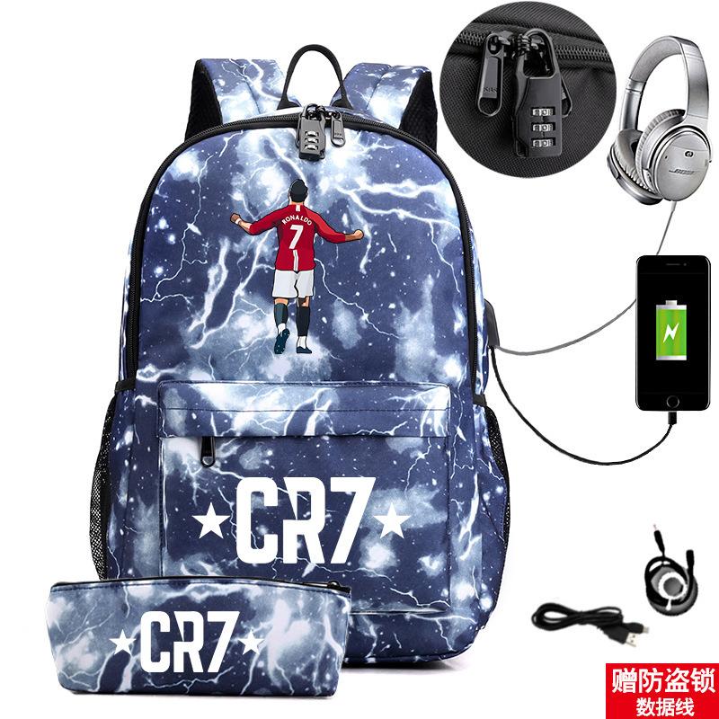 Star Peripheral Printing Cr7 Schoolbag Leisure Travel Multi-Functional Backpack Student Pencil Case Two-Piece Set