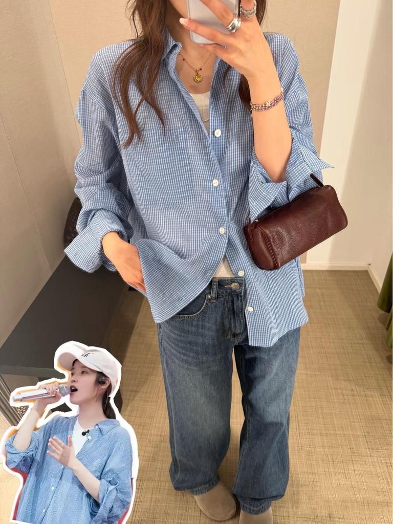Women's Blue Fine Plaid Long Sleeve Sun Protection Shirt Jacket - Thin, Loose, Casual for Early Spring 2026