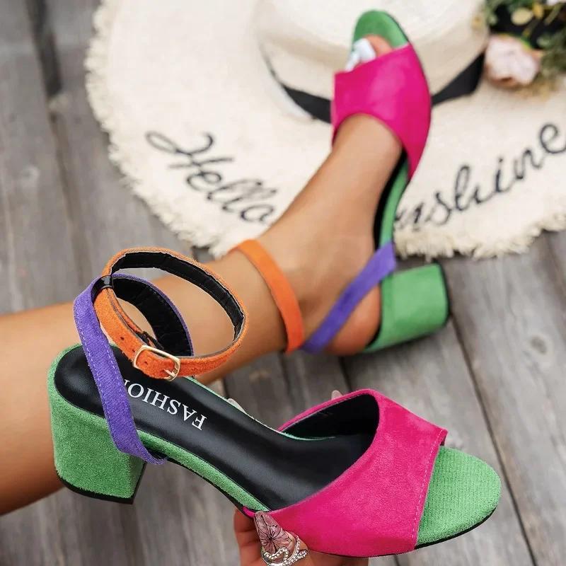 Fashion 2025 European and American colored plus size high-heeled sandals for women 2025 new round toe fashionable thick heel sandals