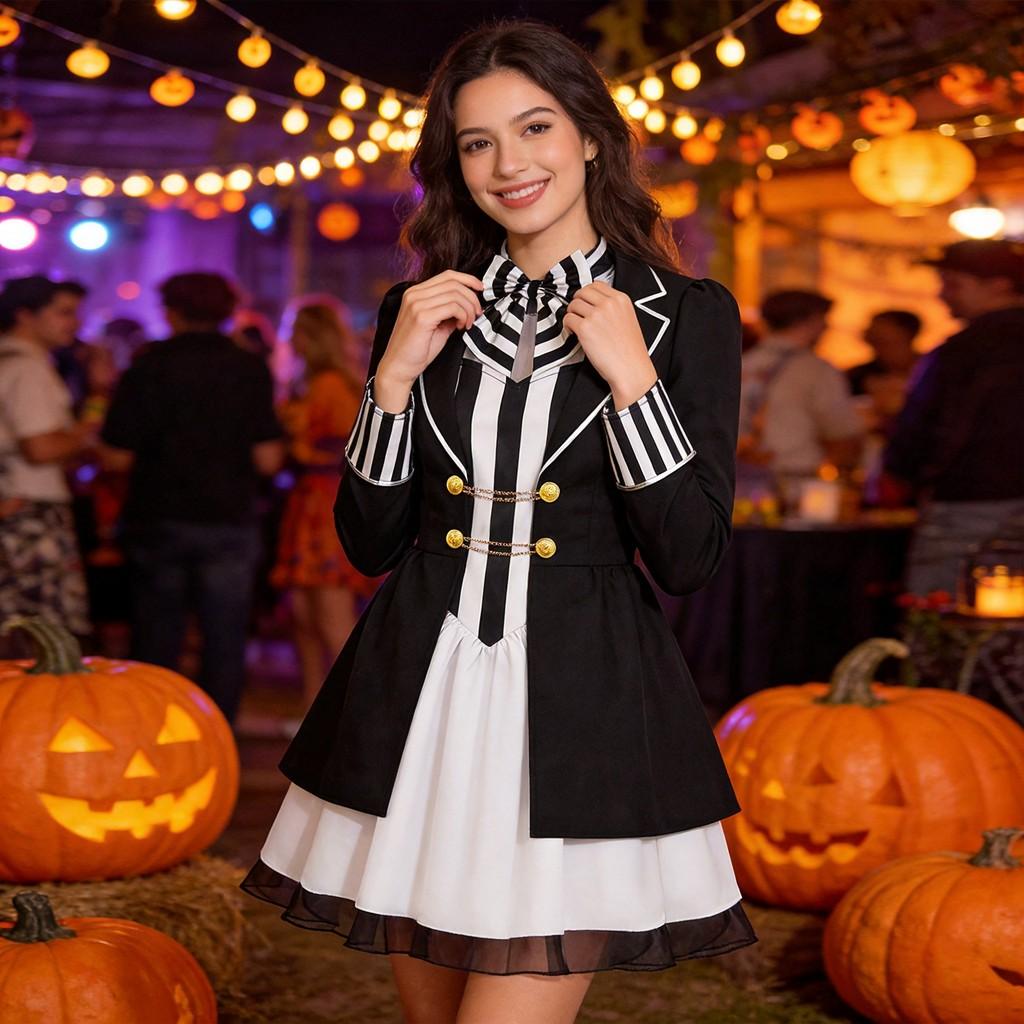 Cosplay Costume With Striped Collar And Gloves For Halloween Parties