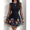 European and American Fashion Print Mesh Long sleeve Temperament Short Dress Short dress A Word Mesh Short Dress