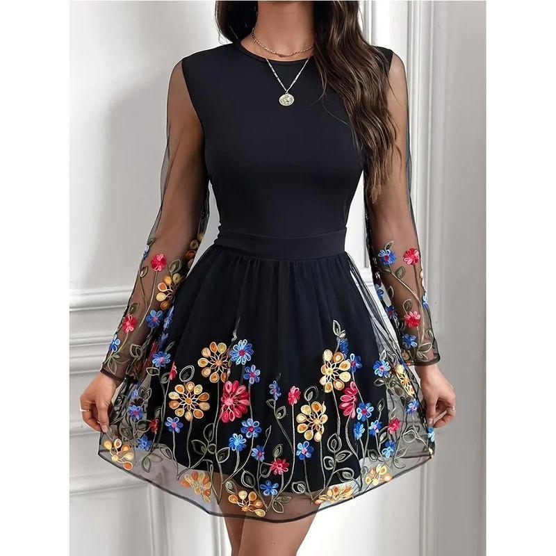 European and American Fashion Print Mesh Long sleeve Temperament Short Dress Short dress A Word Mesh Short Dress