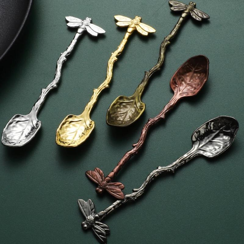 Nová retro kávová lžička vážka větvička dekorativní míchací lžička slitina listová lžička lesní styl přenosná dezertní lžička čajová lžička