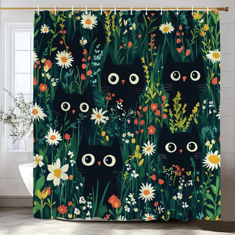 Flowers and Plants Cute Black Cats Shower Curtain, Bathroom Decorative Shower Curtain, Waterproof Shower Curtain with Hooks