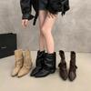 Skinny belt buckle short tube thick heel short boots Spice girl style pants tube pointed short boots women's boots locomotive new black
