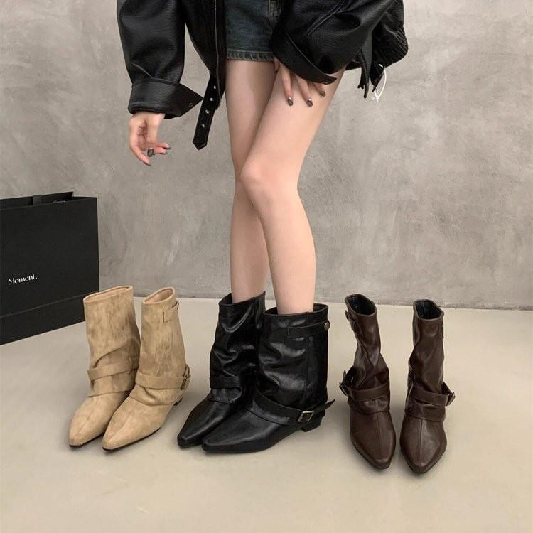 Skinny belt buckle short tube thick heel short boots Spice girl style pants tube pointed short boots women's boots locomotive new black