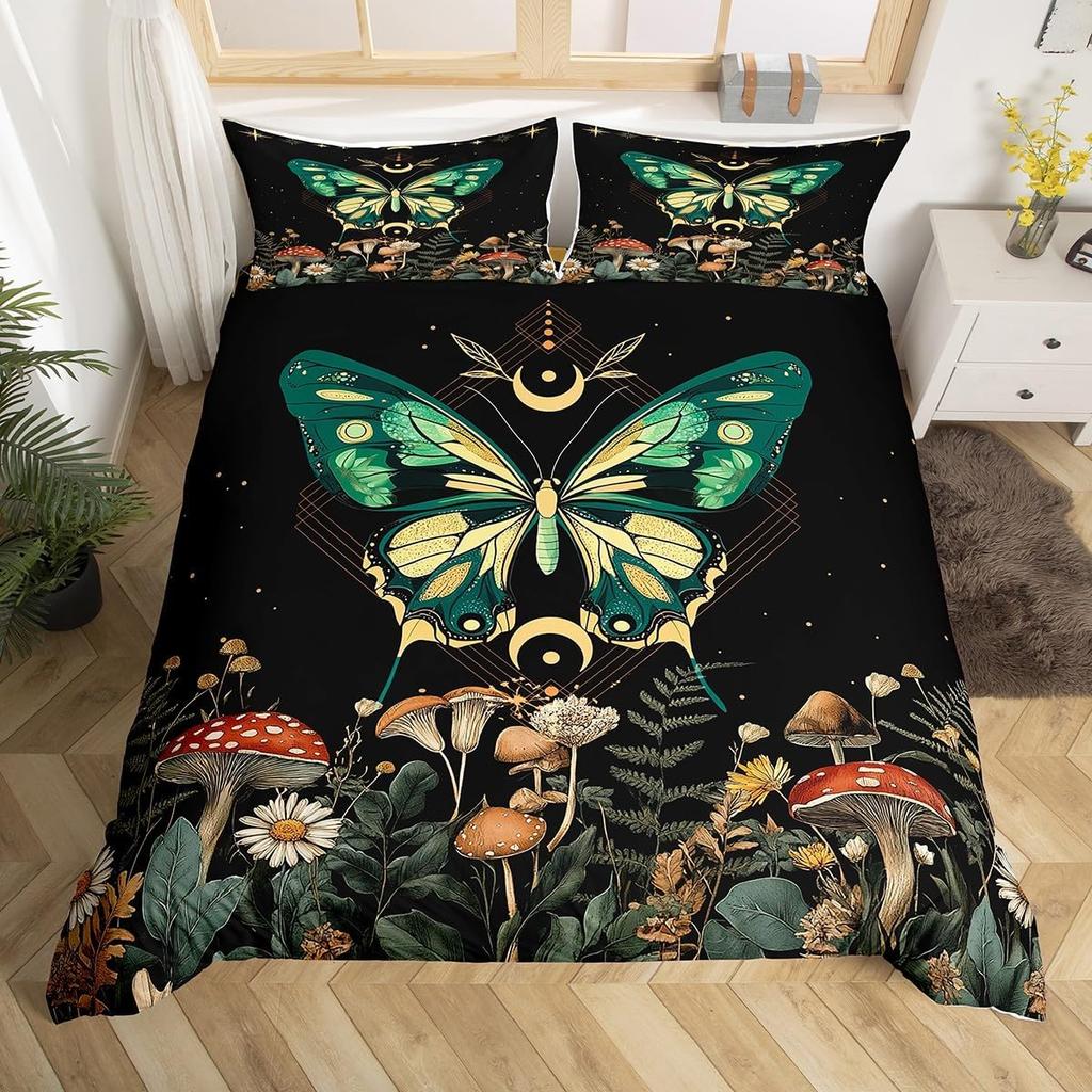 Boho Butterfly Duvet Cover Twin King,Star Moon Starry Sky Galaxy Bedding Set For Boy Girl,Cute Mushroom Daisy Flower Quilt Cover
