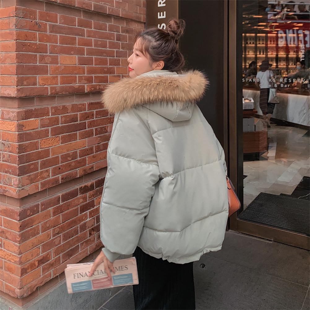 eleitchtee LHT Down Padded Winter Jacket with Fur Loose Thick Women's Coat, Outerwear, Jacket, Short, Hood, Pockets, Fit, Casual, (Size S, Green)