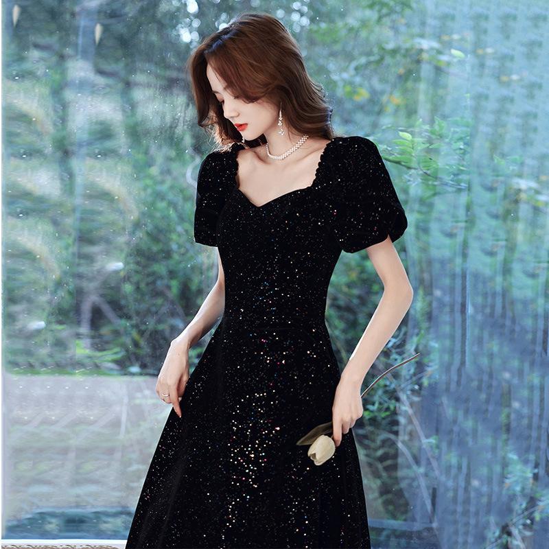Schwarzes Abendkleid 1011 neue französische Eleganz Temperament lang Sternenhimmel Bankett Jahrestreffen Gastgeberkleid Kleid Frau