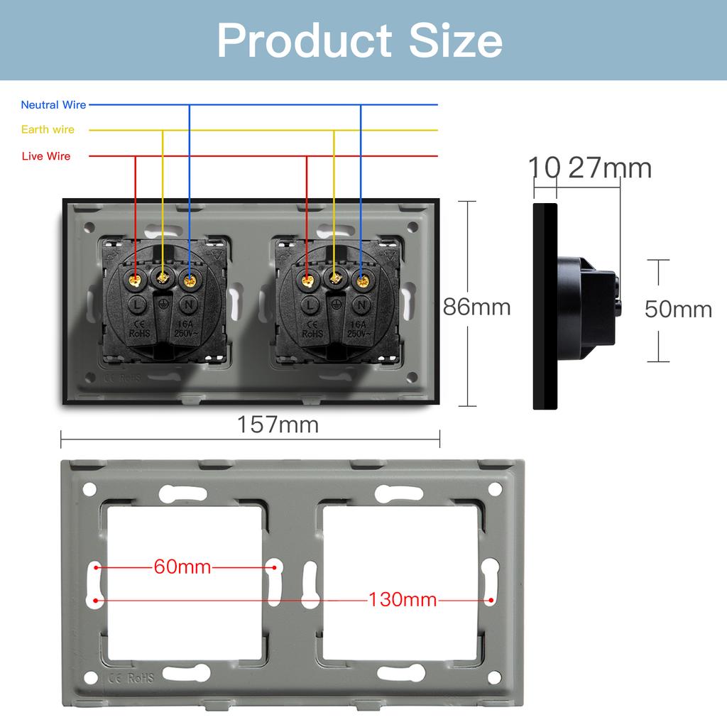BSEED Double EU Wall Socket Type-c USB Power Sockets Android Apple Mobile Phone Charging Ports Glass Panel 16A