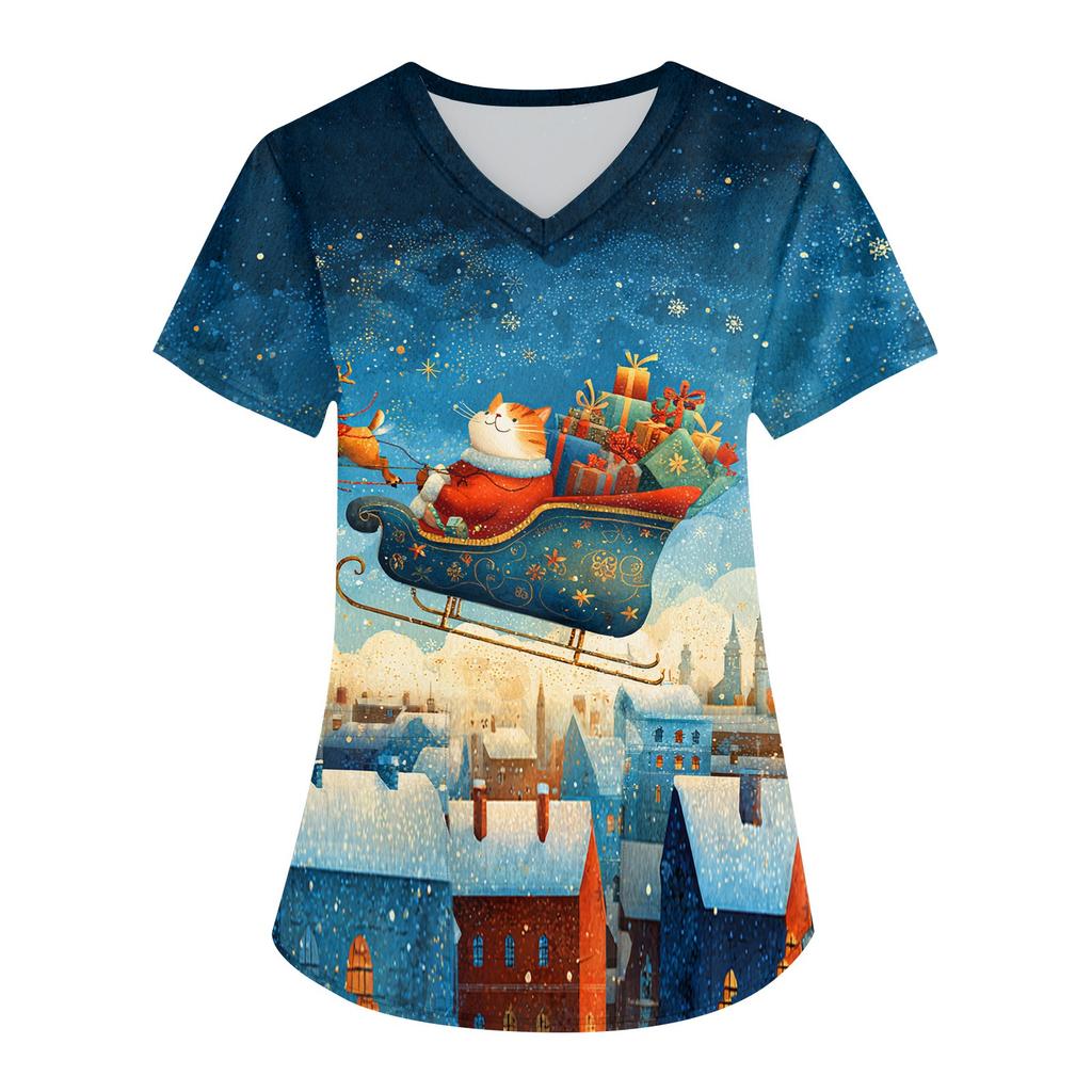 Women's Printing Uniform Work Uniform V-neck Pockets Basic Short Sleeve Pullover Top